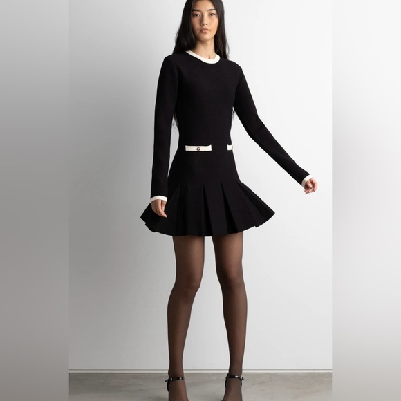 NWT OAK + FORT CONTRAST TRIM PLEATED MINI DRESS IN BLACK/CREAM COMBO - Picture 3 of 10